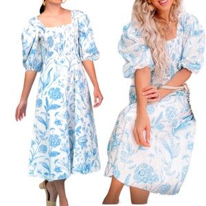 Blue Floral Puff-Sleeve Midi Dress